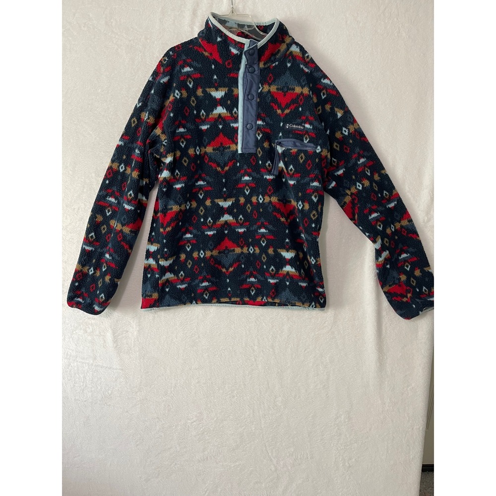 Columbia Mens Fleece Pullover Southwestern Geometric Snap Mock Neck Navy Red Lg